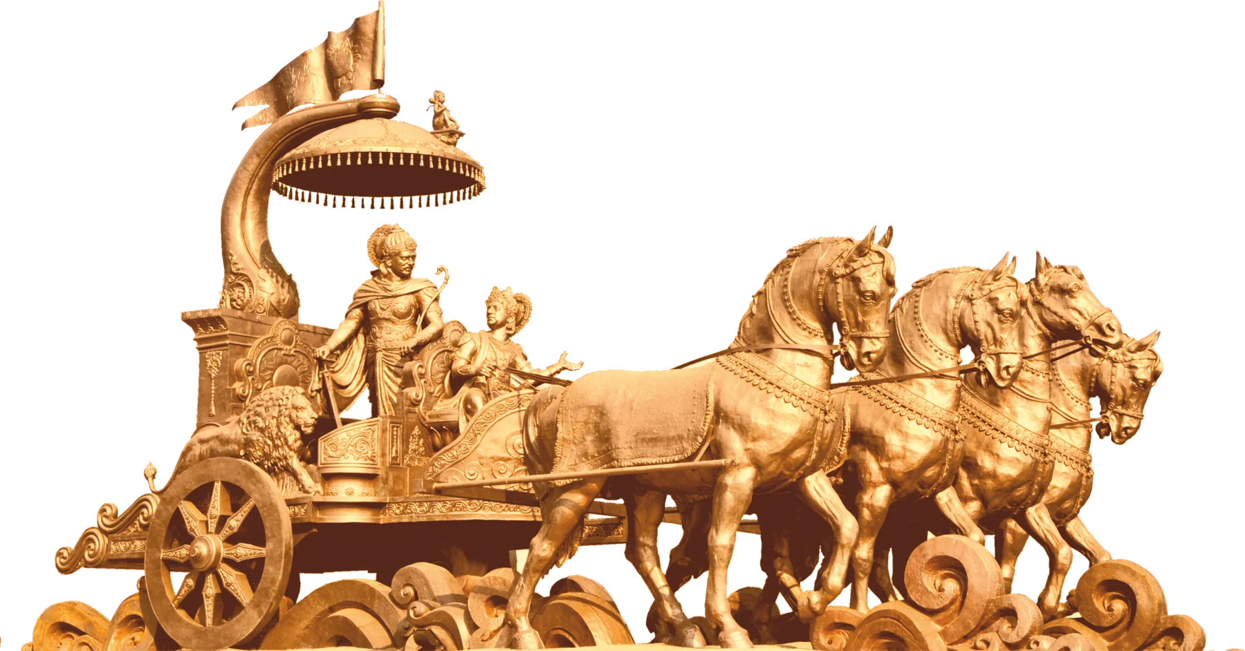 Golden sculpture of Krishna and Arjuna riding a horse-drawn chariot
